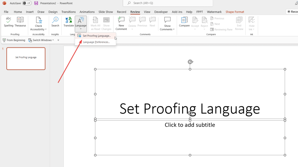 How to set proofing language in PowerPoint