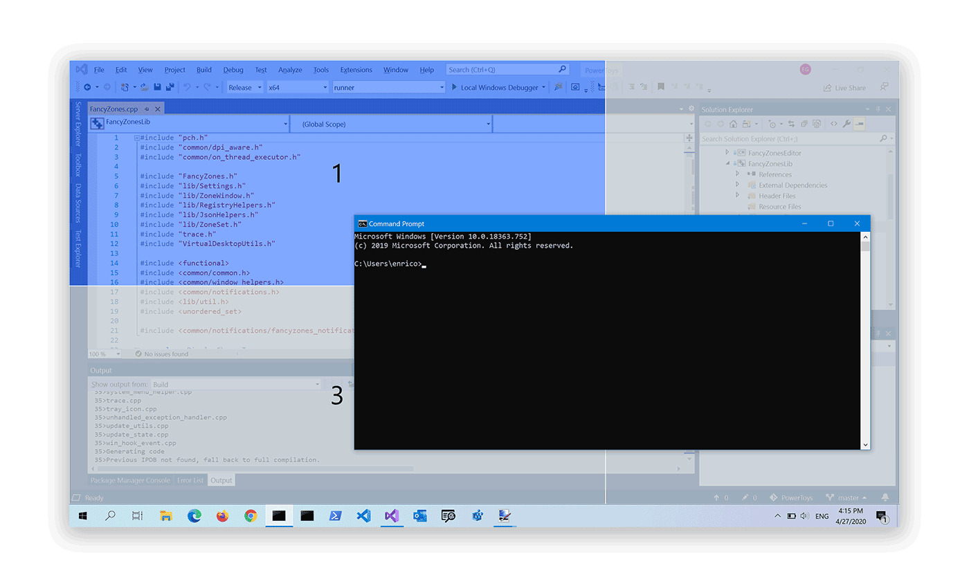 Example of Fancy Zones in Windows 11 showing a Terminal cmd view