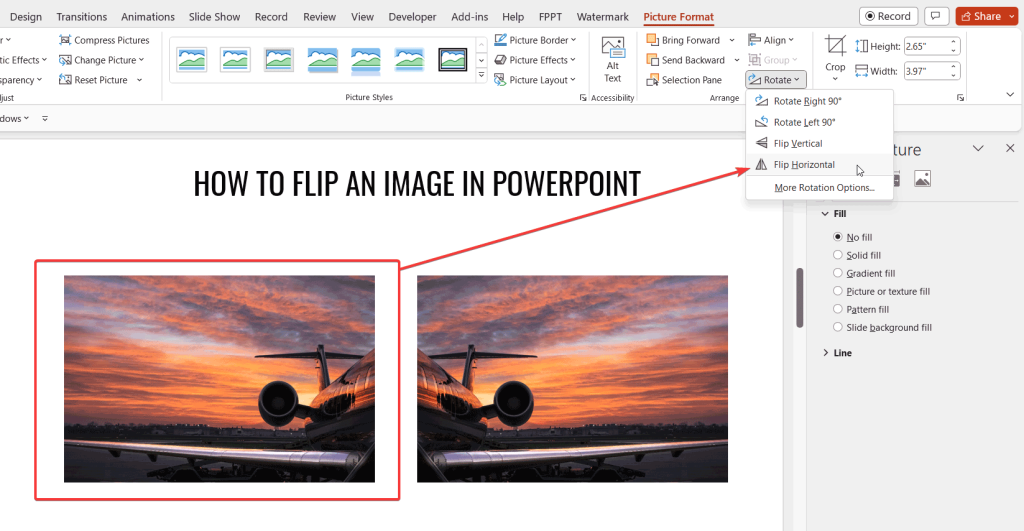 How to flip image in PowerPoint presentation (practical example with an image of a half of a plane)
