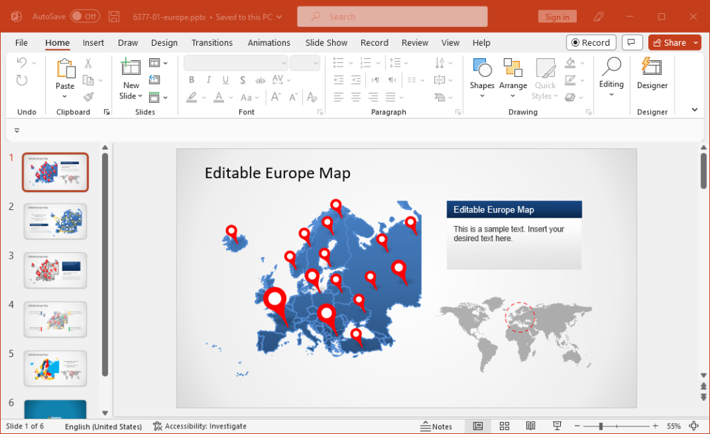 Example of Editable Europe Map Template by SlideModel showing pin markers in the slide design