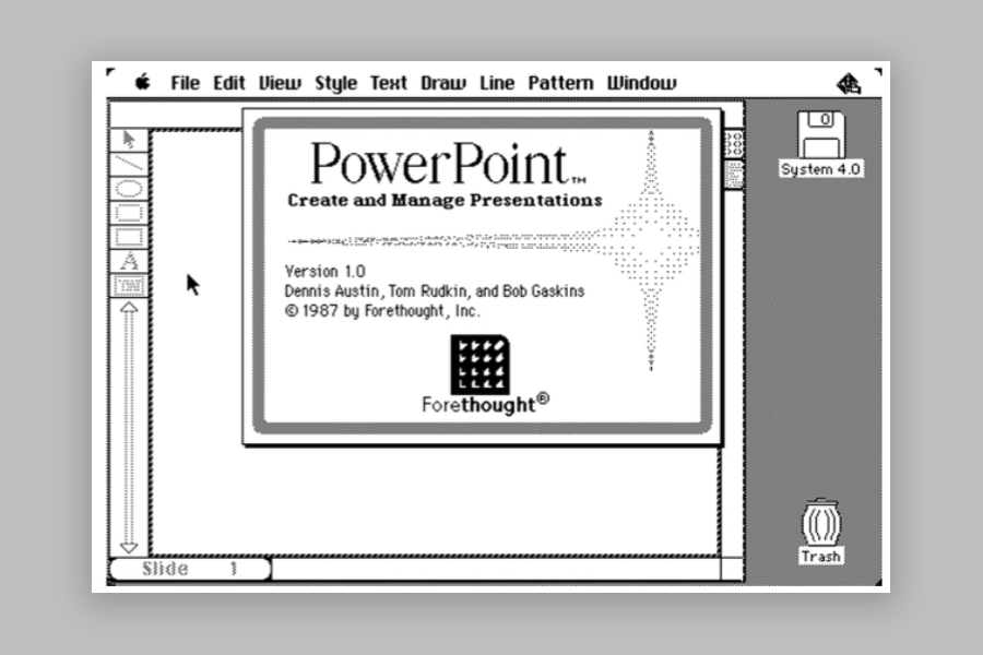 Example of About PowerPoint interface in the first version of PowerPoint