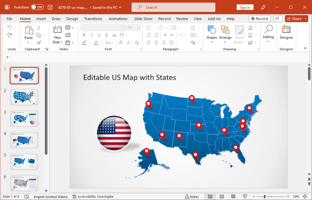 Example of a 100% Editable US Map template with States for PowerPoint