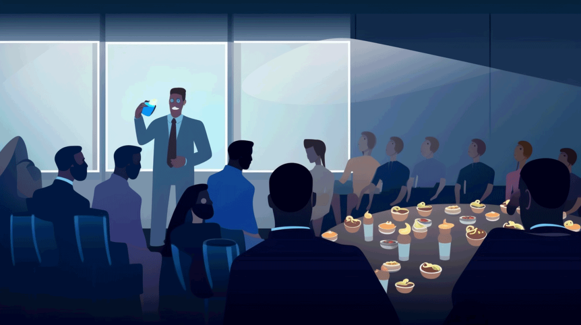 PowerPoint Night Ideas - Illustration depicting a meeting in a PowerPoint night party with a group of people enjoying the event.