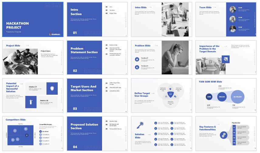 Hackathon Project presentation template with slide layouts for a Hackathon presentation with blue and white style.