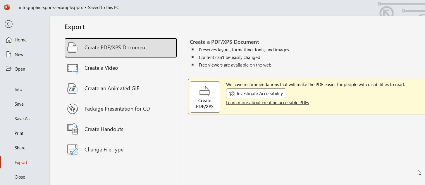 Example of saving a PowerPoint presentation to PDF using Export in PowerPoint