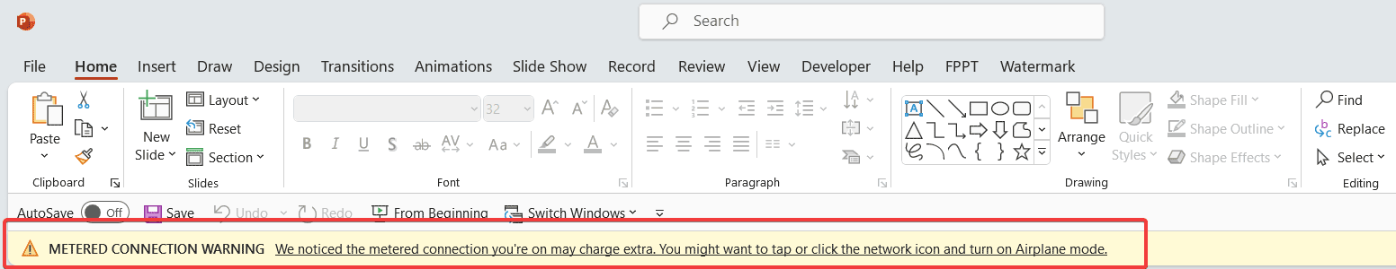 Metered connection warning in PowerPoint