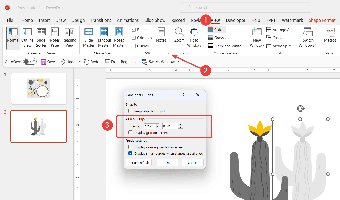 Powerpoint ruler settings, grid and guides. Configure how the objects snap to grid. 