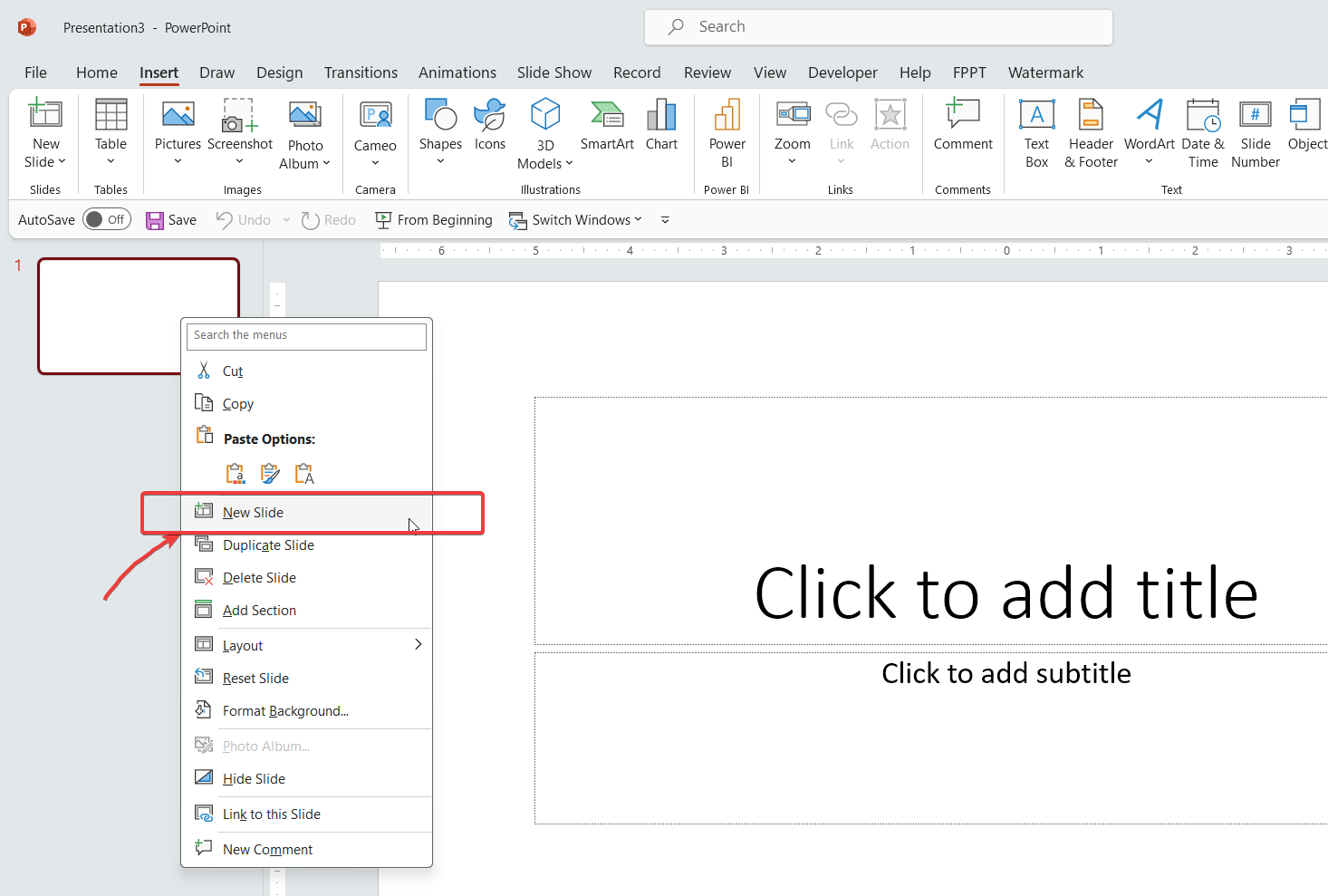 Insert Slides from the left Slides Pane - New Slide