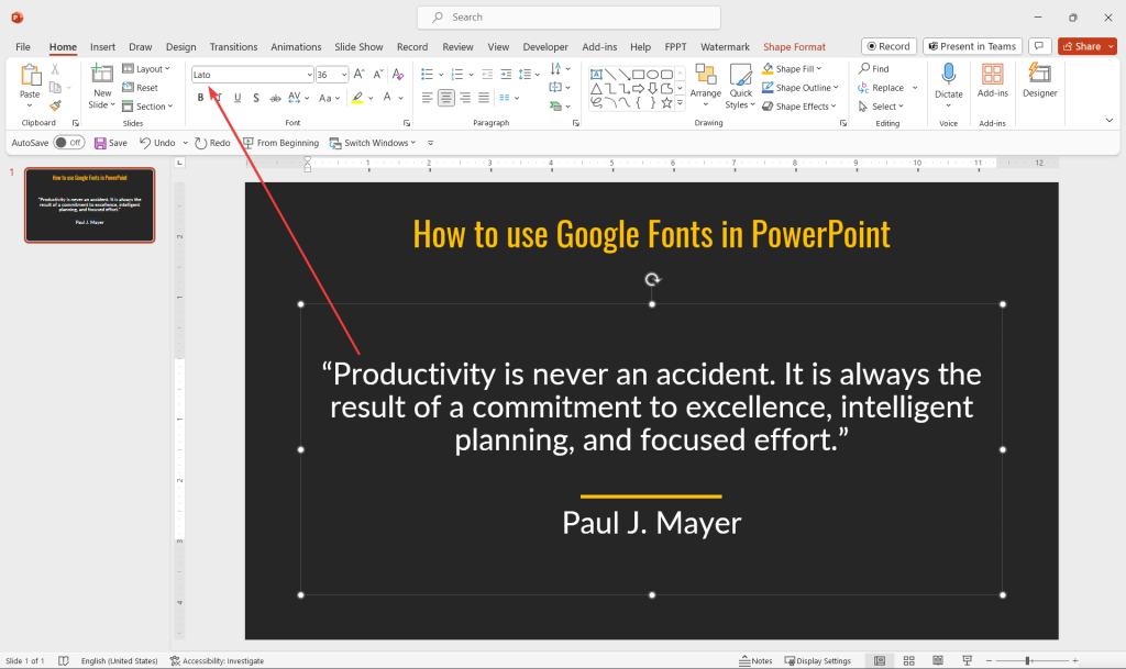 Example of popular Productivity quote for business by Paul J. Mayer using the Lato font from Google Fonts