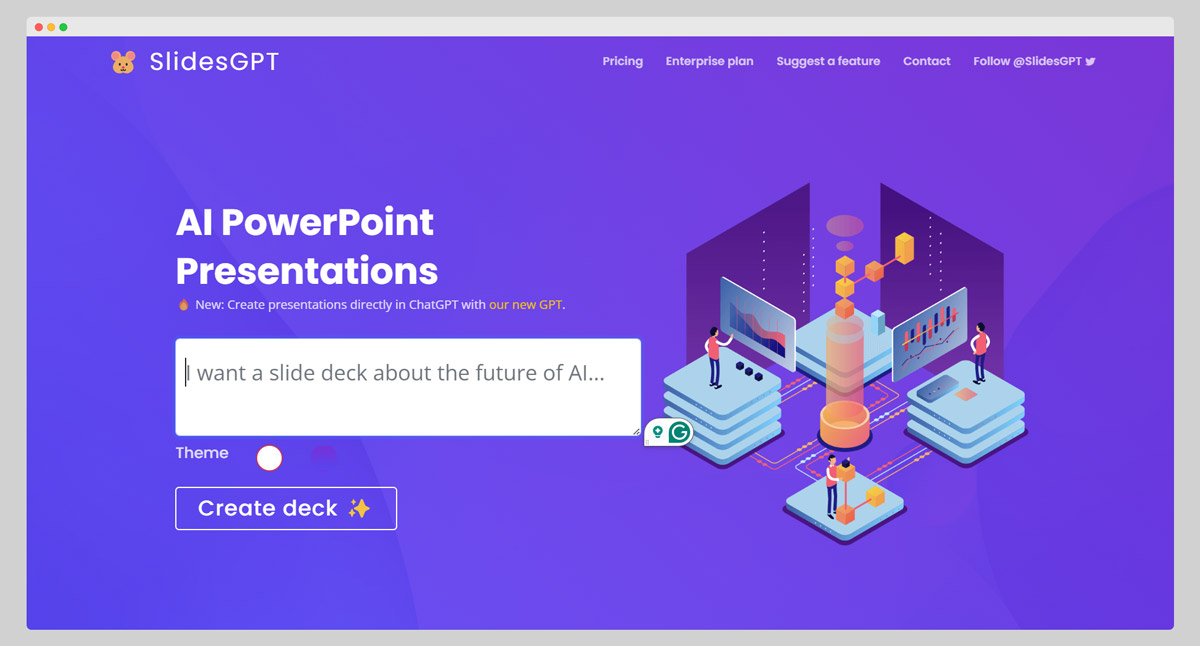 SlidesGPT AI PowerPoint Presentations Homepage with Prompt and Create Deck Button - ChatGPT PPT maker prompt