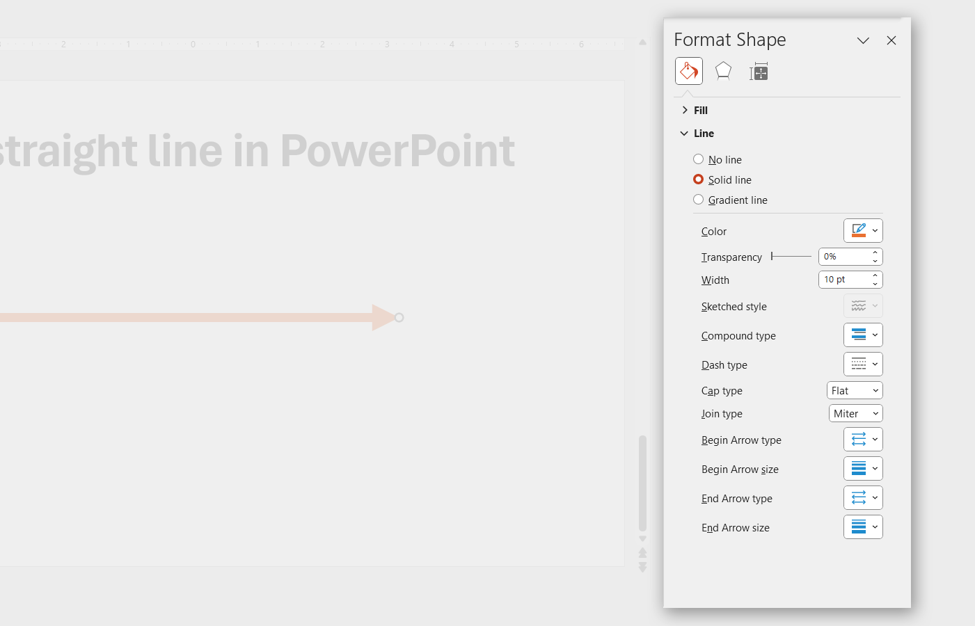 Example of formatting options for lines in PowerPoint (shape size, width, fill options, transparency level, sketched style, dash type)