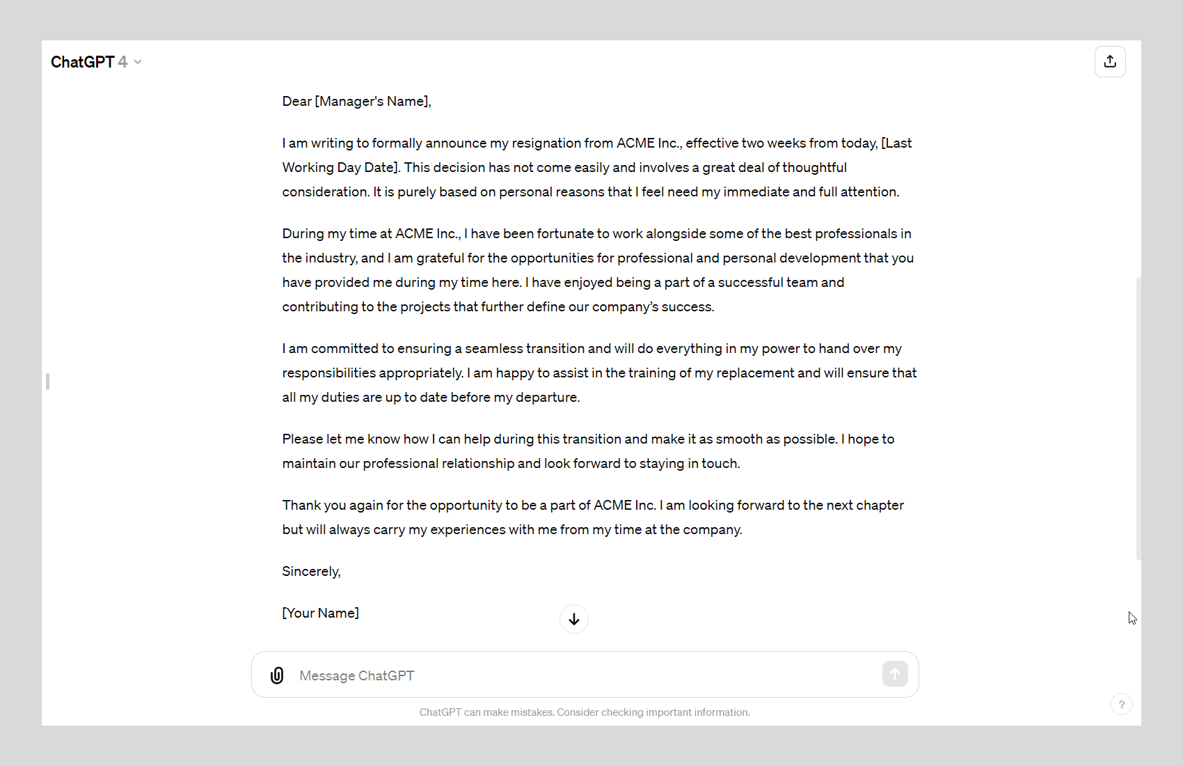 Preparing a Two Weeks Notice Letter with ChatGPT with text generated by AI