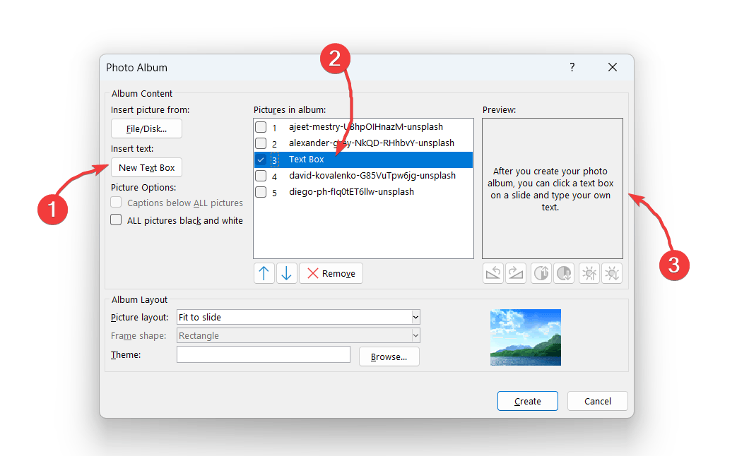 Inserting a text box into the Photo album created in PowerPoint