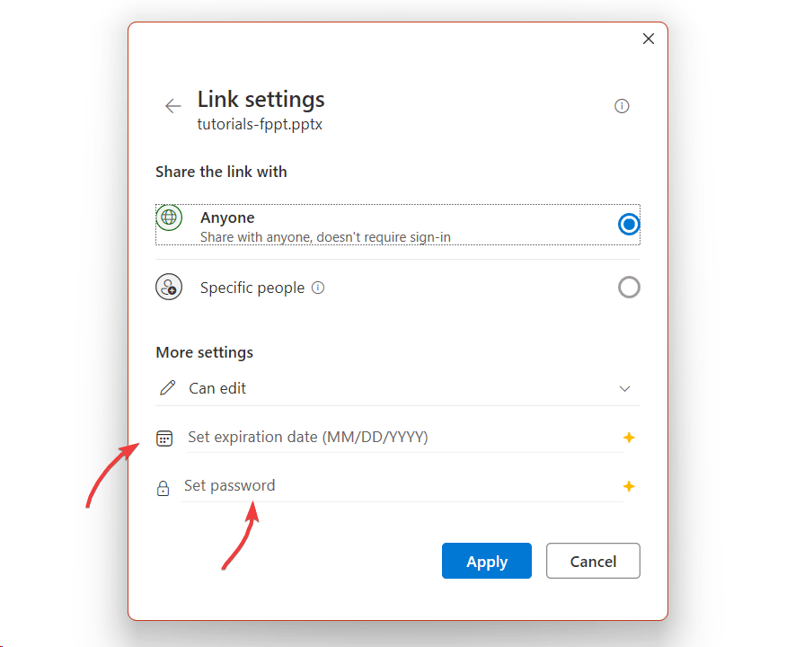Share PowerPoint presentation with others and set a password or expiration date.