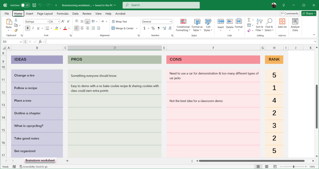 Free Brainstorming Collaboration Template for Excel