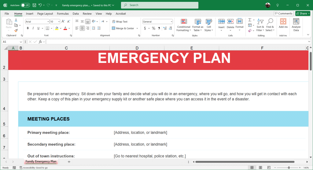 Family Emergency Plan Template for Excel