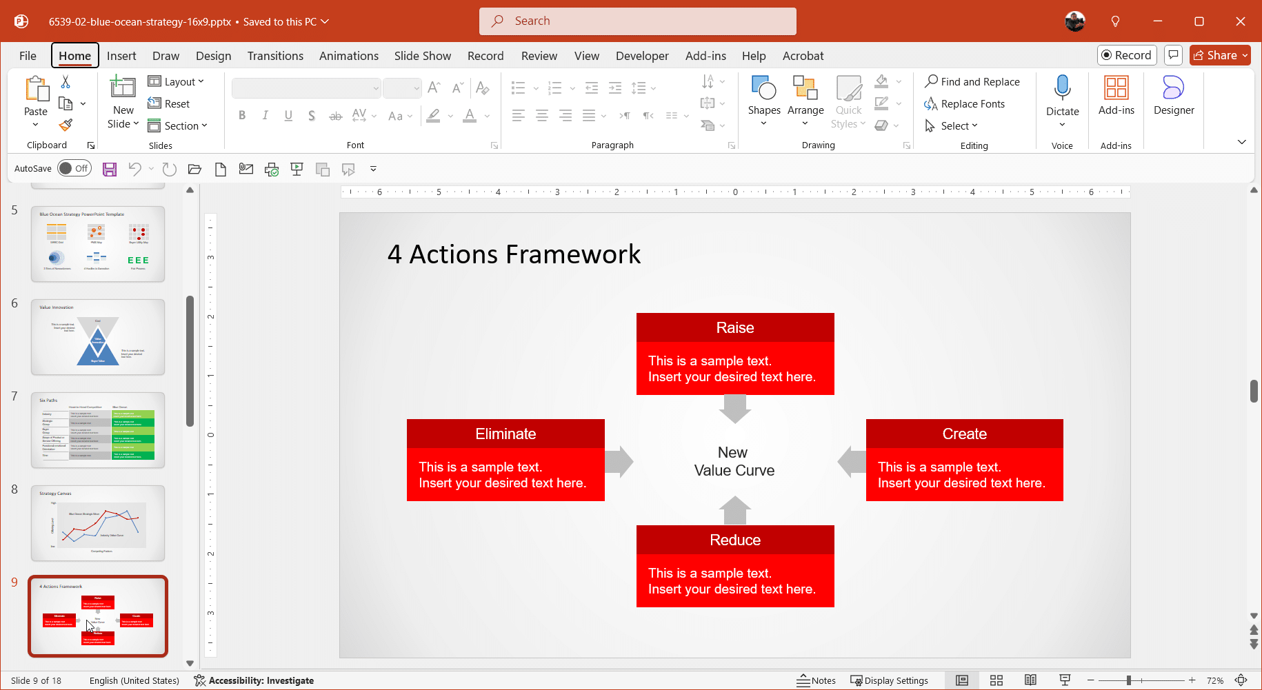 Four Actions Framework Slide Template in Blue Ocean Strategy PPT