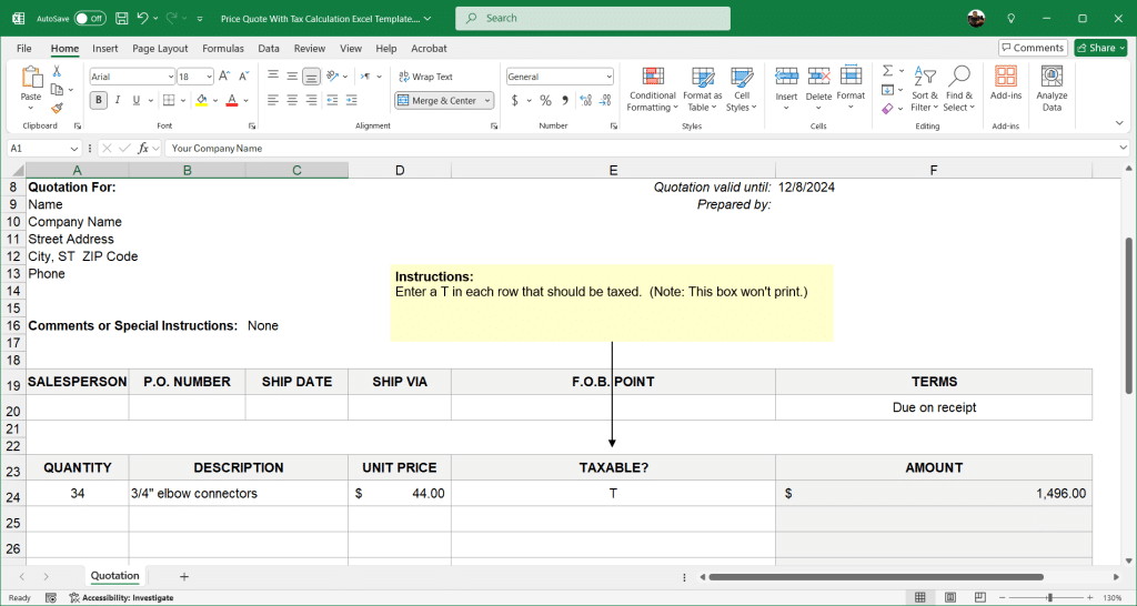 Free Price Quote with Tax Calculation Template for Excel