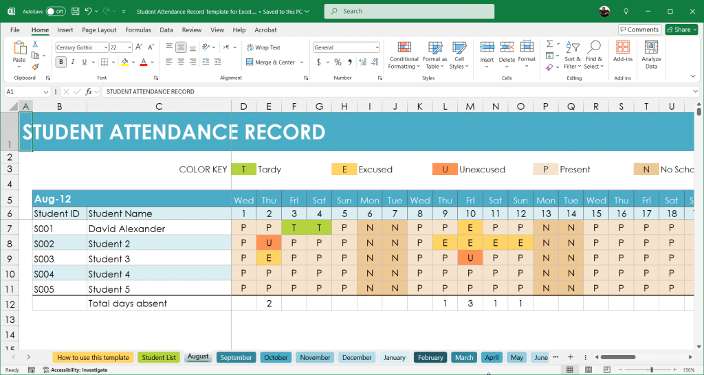 Student Attendance Record Template for Excel