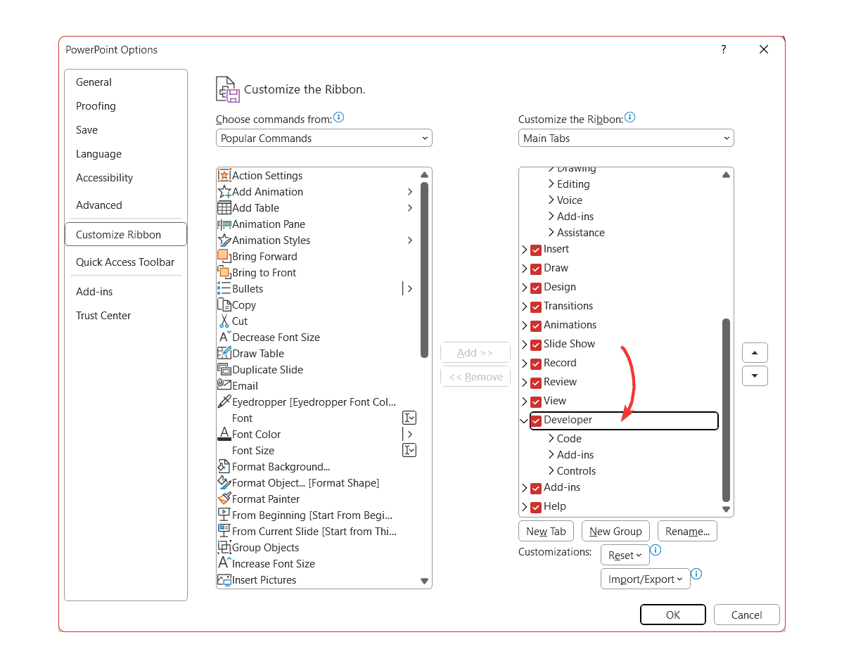 Activate Developer tools in PowerPoint