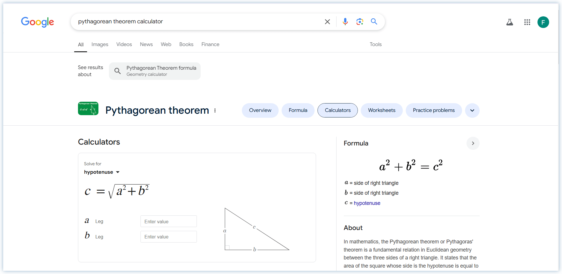 pythagorean theorem calculator in google search