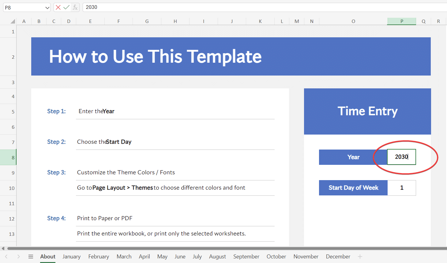 Excel template with any custom year